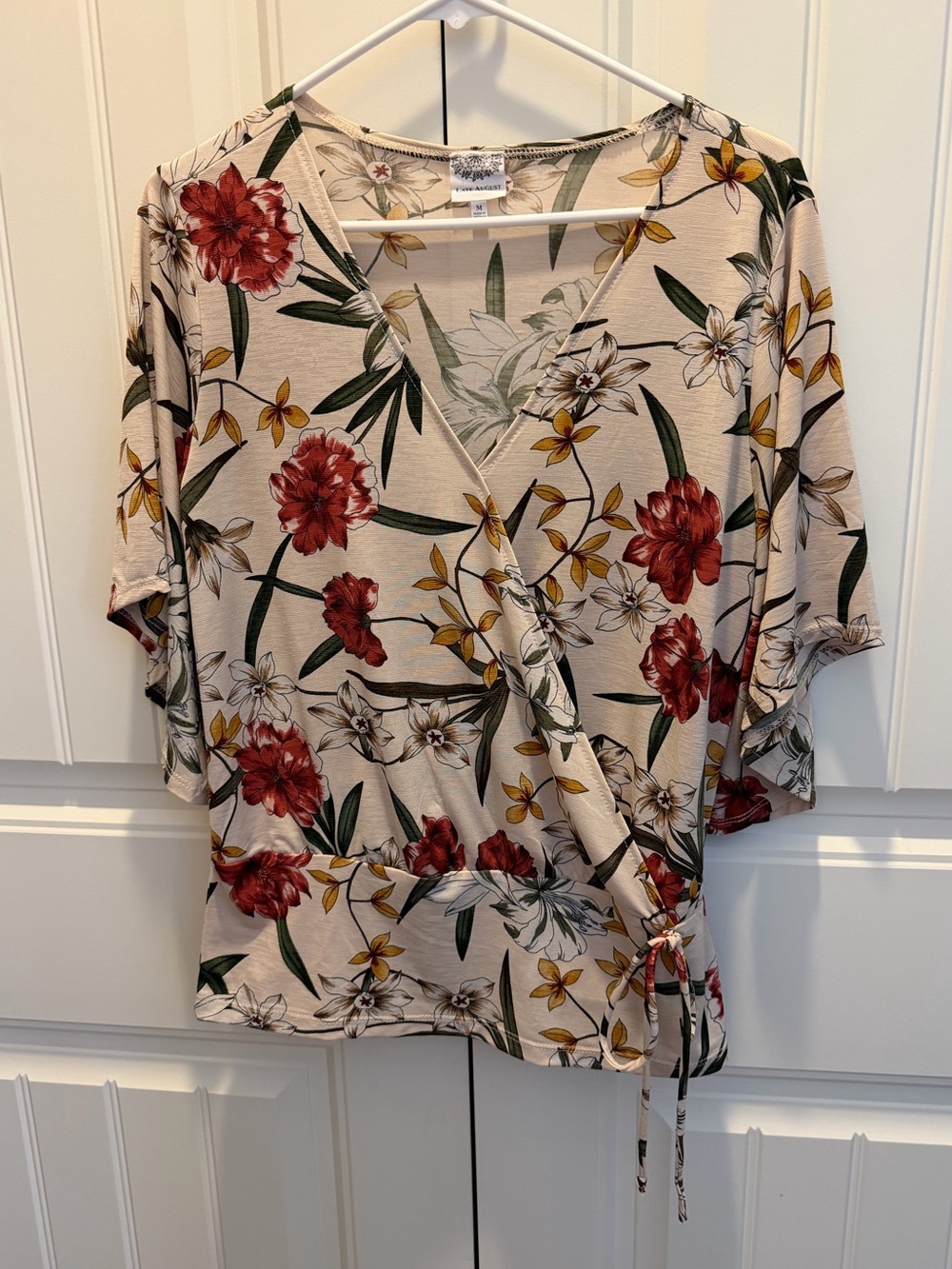 Women's Floral Wrap Top in Beige with Red Blooms